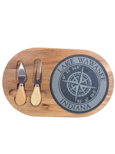 Lake Wawasee 2 1/2" x 7 3/4" Acacia Wood/Slate Oval Cheese Set with Two Tools